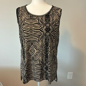 Tan, black and gray animal print sleeveless blouse.